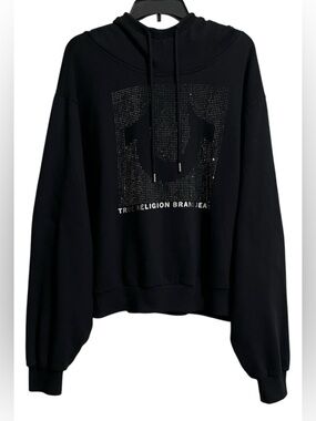 True Religion Women's Jet Black Rhinestone Logo Hoodie Sweater Size XL